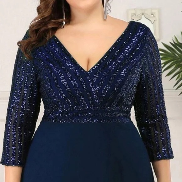Plus sequin 3/4 sleeve Formal Prom Evening Party Wedding Dress - Picture 6 of 10